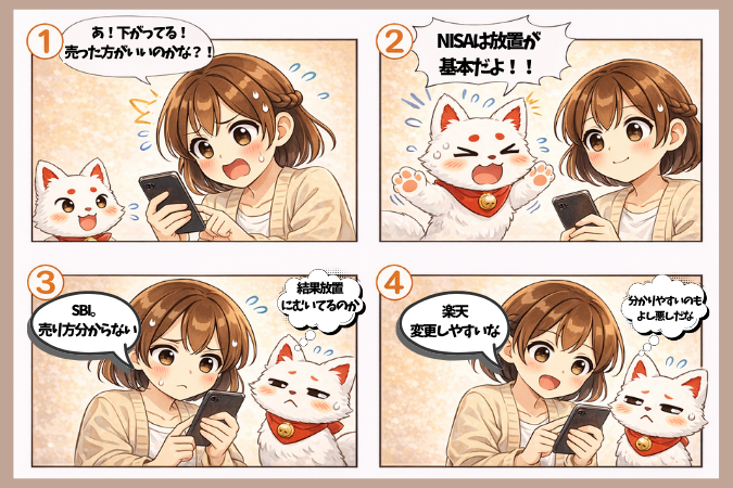 NISA初心者向け4コマ漫画。株価下落に焦るみーこに対し、こんちゃんが「放置が基本」と諭す。操作しにくいSBI証券は「売却しにくい＝長期保有に向く」、操作しやすい楽天証券は「設定変更が楽」というそれぞれのメリットを解説