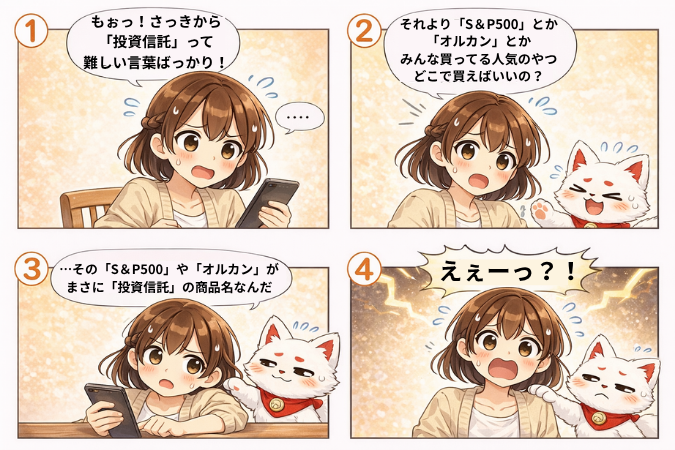 NISAで人気の「S&P500」や「オルカン（全世界株式）」を買いたいと思っていた初心者のみーこが、実はそれらが「投資信託」というグループの商品名（お弁当パックのセット名）であることをこんちゃんに教えられ、最初から同じ話をしていたことに衝撃を受ける4コマ漫画。