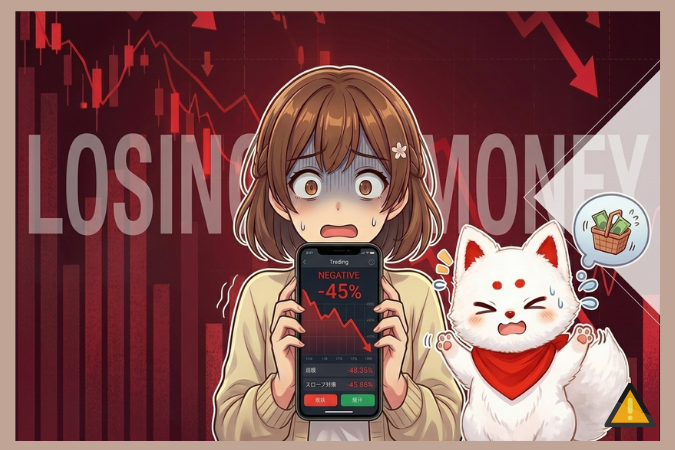 SBI証券の個別株投資で失敗し、暴落チャートとスマホの損失画面を見てパニックになる初心者女性と稲荷狐のイラスト