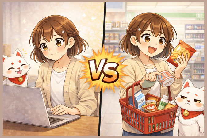 NISAクレカ積立の選び方を解説するイラスト。普通のカード（楽天カード）と三井住友カードのどちらを選ぶべきか、自身の生活スタイルに合わせて判断することを推奨する内容。