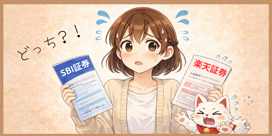 SBI証券か楽天証券どちらに申し込むか迷っている女性のイラスト